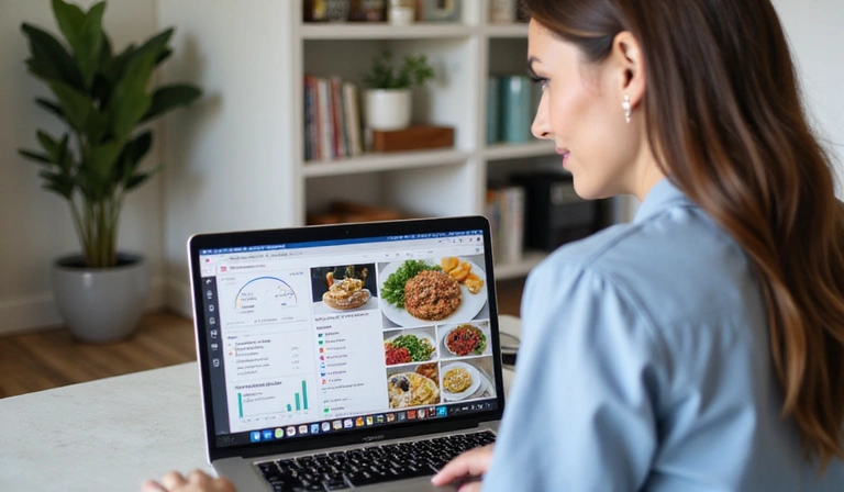 Kobieta rozmawiająca z dietetykiem online, na ekranie laptopa widać wykresy i zdrowe jedzenie.